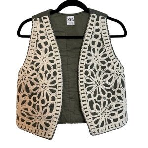 Zara Embroidered Crochet Quilted Vest Size S Boho Cottagecore Folk